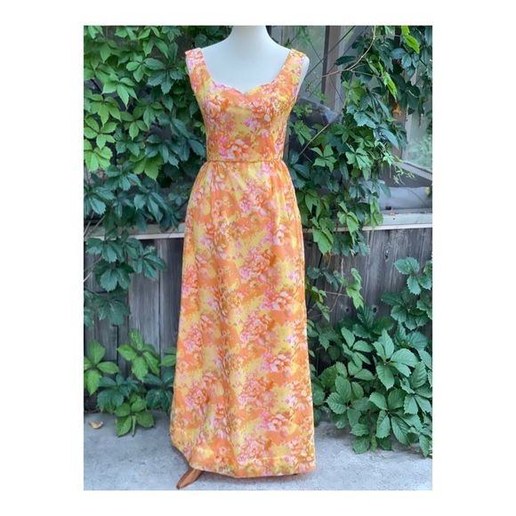 1950s Chiffon Formal Gown Dress Maxi Floral Tangerine Pink Yellow Sleeveless - Picture 3 of 16